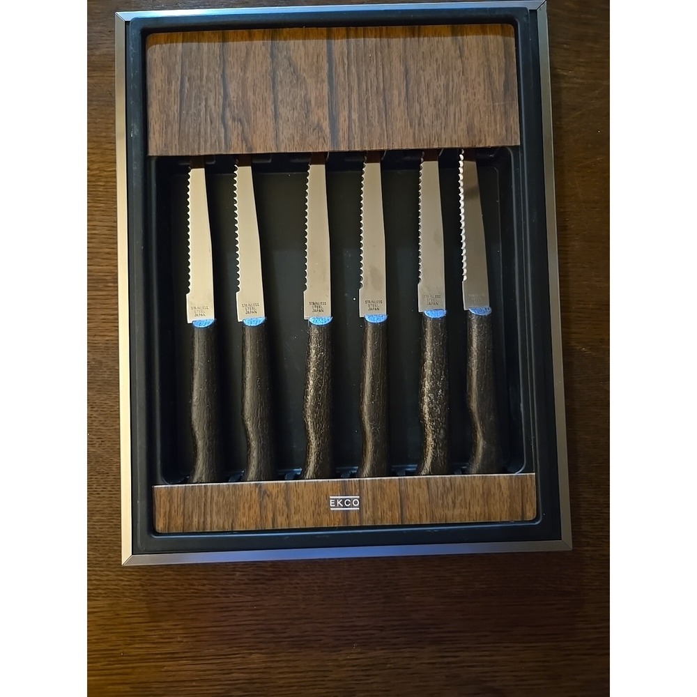 Ekco Steak Knives Stainless Japan Set 6 w/ Brown Handles In Box